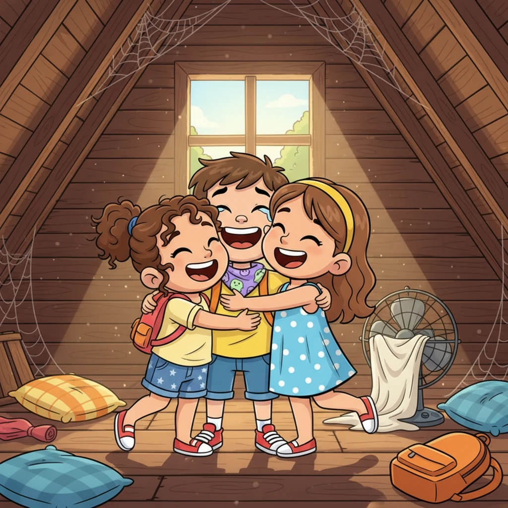 Relief washes over their faces as they realize the "ghosts" were just the wind and the old house playing tricks. They burst into laughter, hugging each other tightly, ready for a new day of summer fun, their friendship stronger than ever.