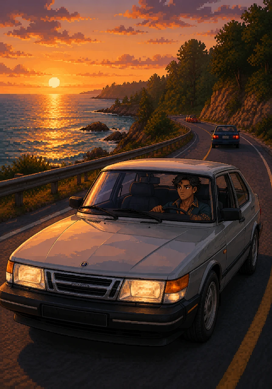 Elias drives his classic silver Saab 900 along the winding roads bordering the vast, shimmering waters of Lake Erie. The orange glow of the setting sun reflects off his windshield as he searches for a legendary gathering.