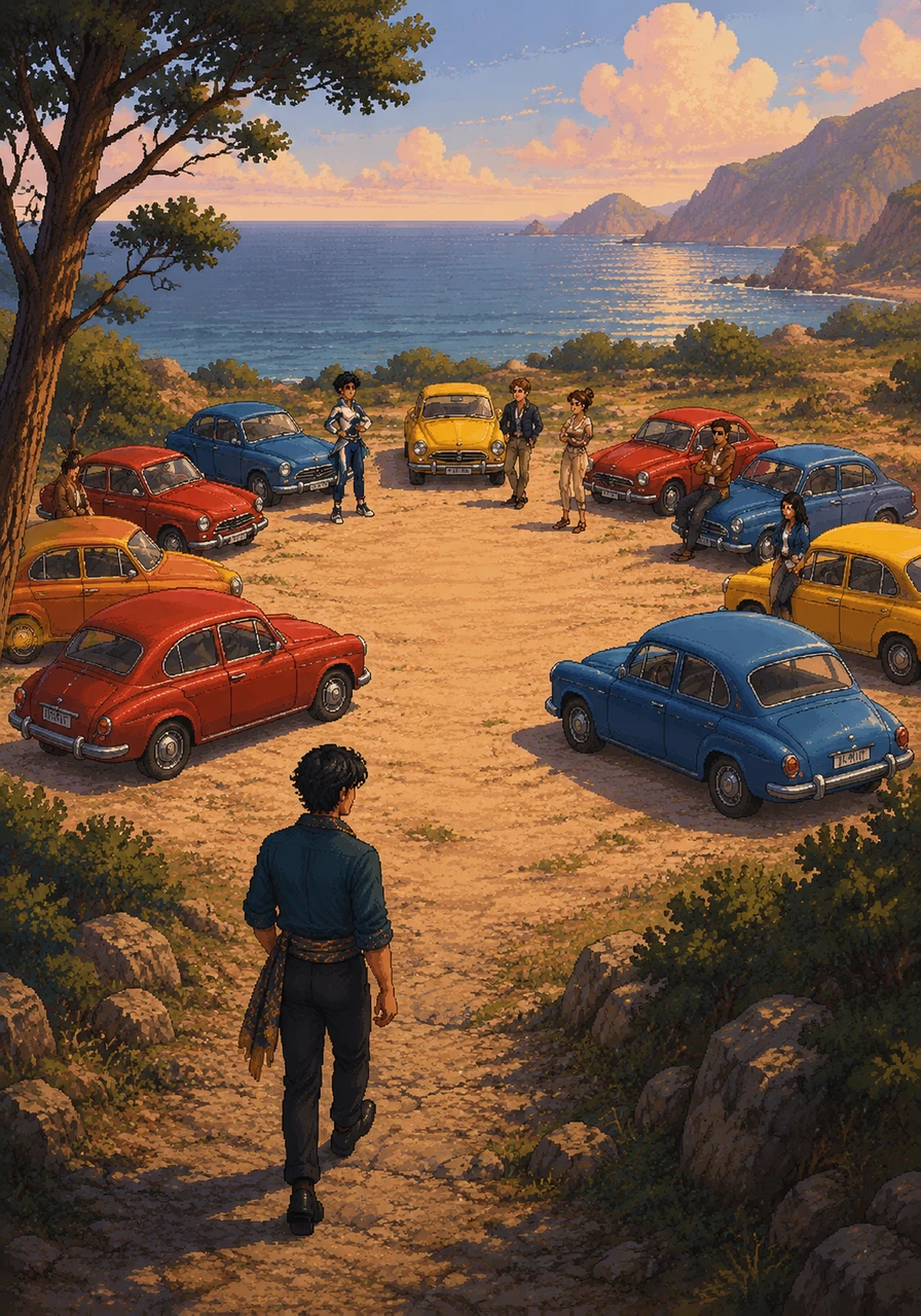 He turns onto a hidden gravel path that leads to a wide, sandy clearing right by the water's edge. A dozen vintage Saabs in vibrant shades of red, blue, and yellow are parked in a majestic circle.
