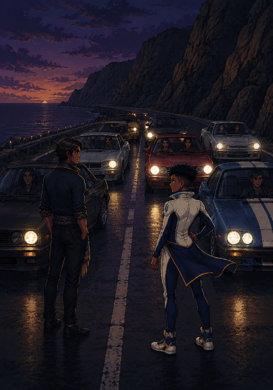 As the last sliver of sun disappears, the cars simultaneously flick their round headlights on and off. The rhythmic clicking of relays sounds like a metallic percussion echoing against the cliffs.