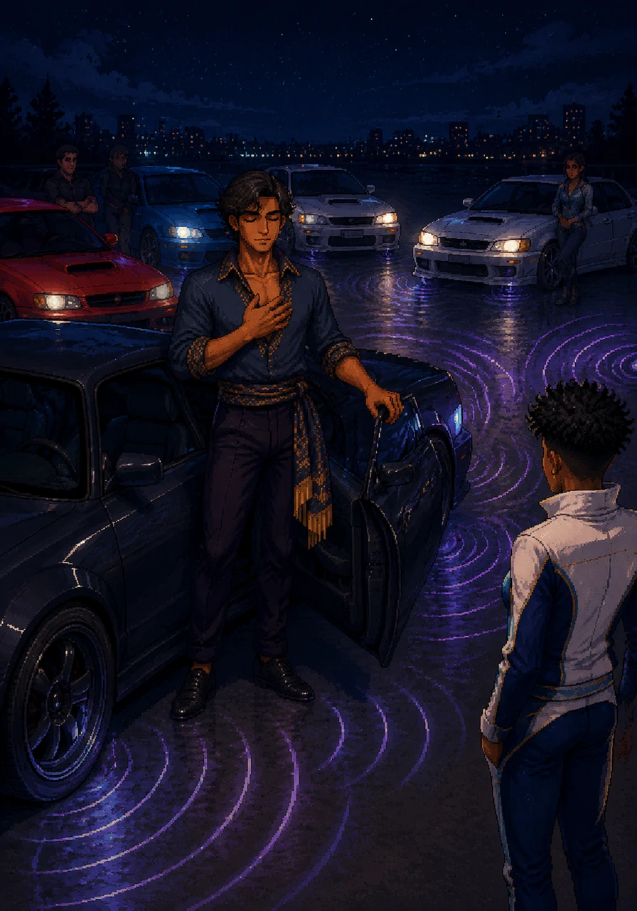The engines begin to idle in a synchronized low growl, creating a deep, melodic bass that vibrates through the ground. Elias feels the rhythm in his chest and steps out of his car, mesmerized by the mechanical symphony.
