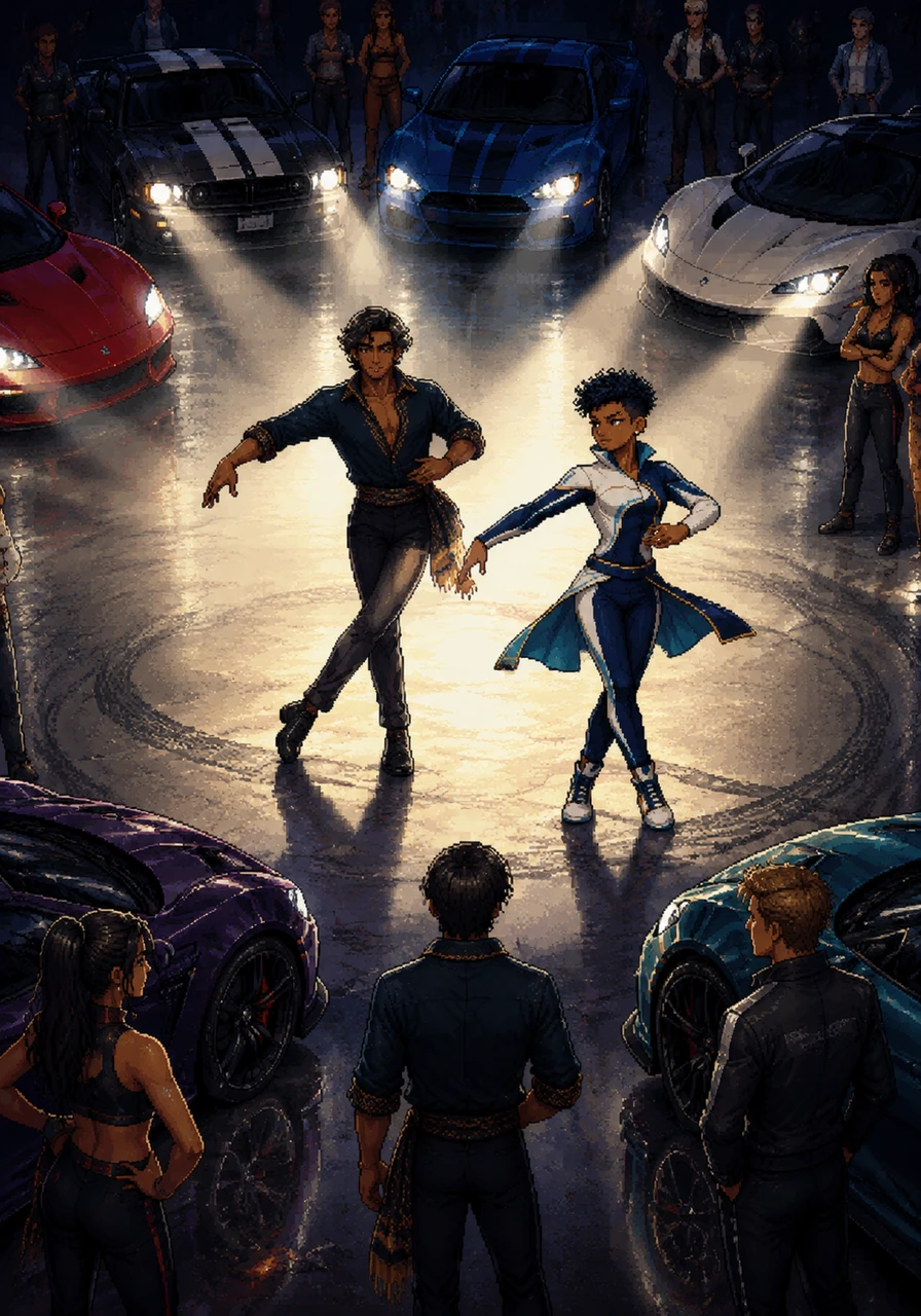 Other drivers step into the center of the circle, their silhouettes dancing against the bright beams of light. They move with a fluid grace, mirroring the aerodynamic curves of the cars surrounding them.