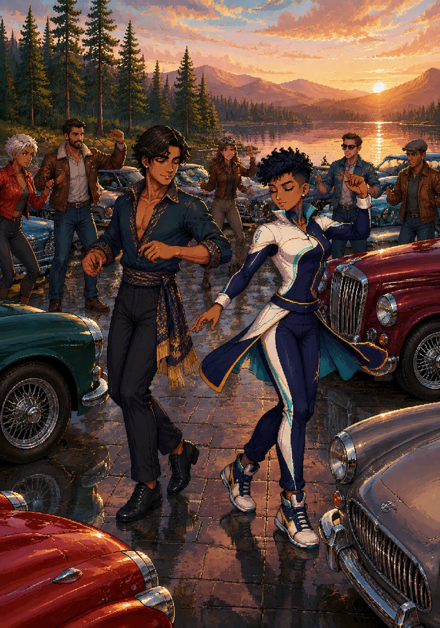 Elias joins the dance, finding his own rhythm between the rows of polished chrome and glass. The fresh breeze from the lake carries the scent of pine and old leather upholstery.
