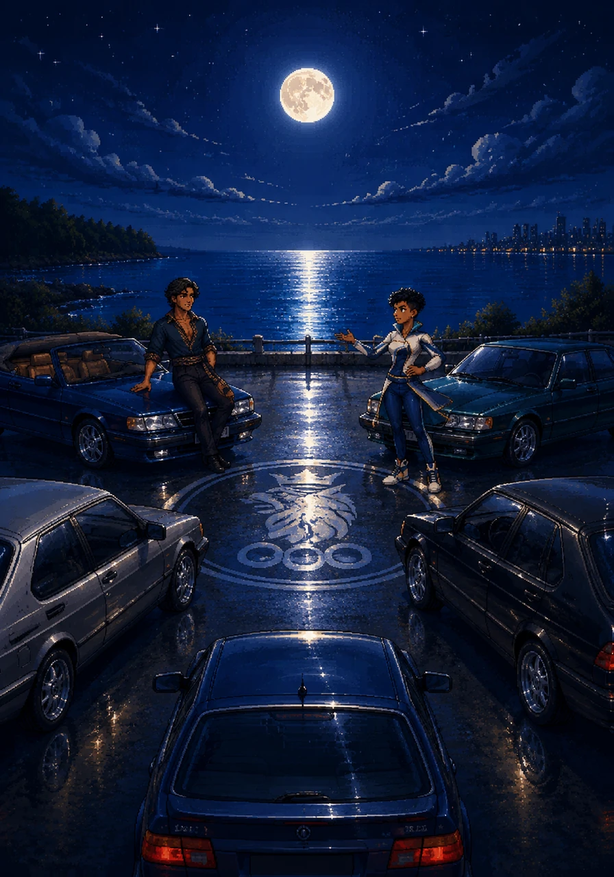 The moon rises high over Lake Erie, casting a silver path across the water that aligns perfectly with the center of the Saab circle. Every surface of the cars glimmers as if they are alive and participating in the joy.
