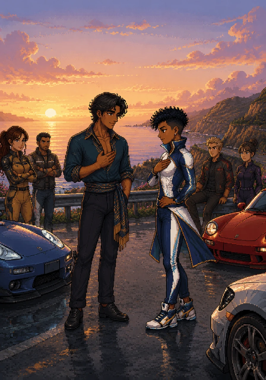 As the first light of dawn touches the horizon, the engines slowly quiet down to a gentle purr. The dancers share quiet nods of respect, bound by the secret they shared under the stars.