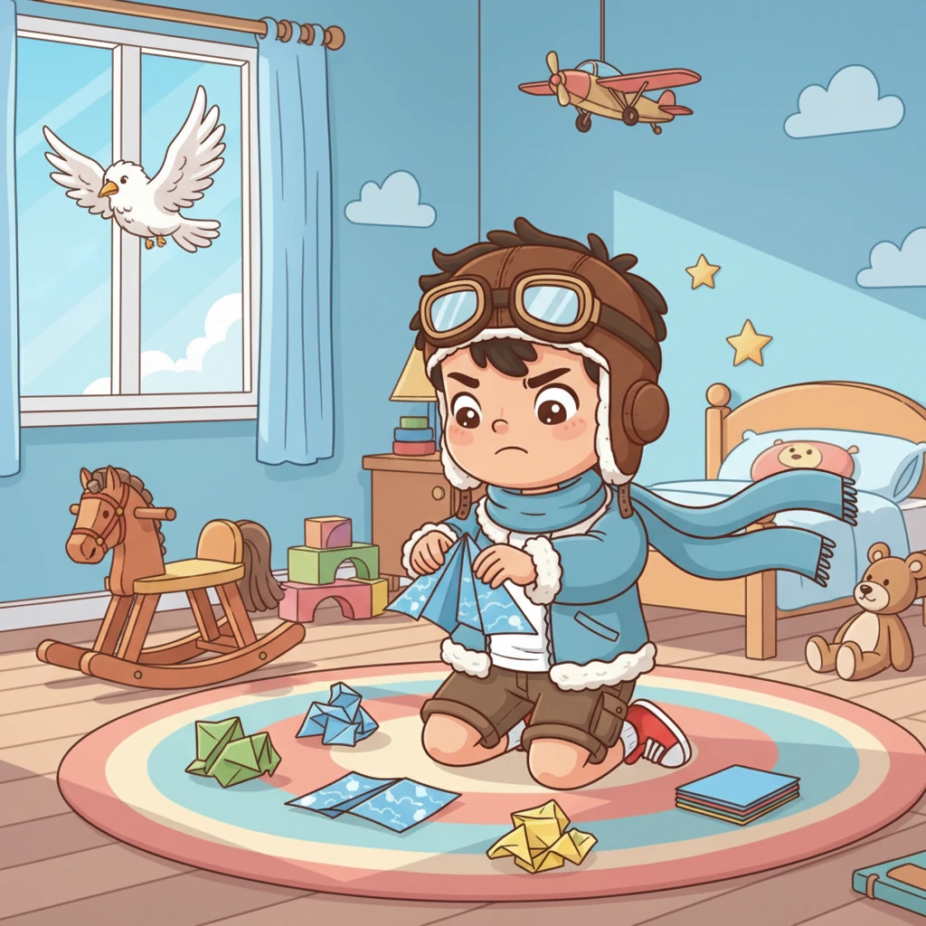 Di kamarnya yang penuh mainan, Langit mencoba melipat berbagai bentuk pesawat kertas. Beberapa meluncur sebentar sebelum jatuh, tetapi tak ada yang bisa terbang sejauh atau seanggun burung yang dilihatnya. Ia tidak menyerah, terus mencoba.