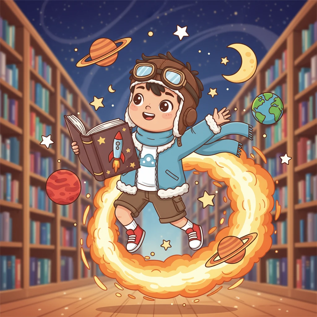 Di perpustakaan sekolah, Langit menemukan buku tentang roket dan penjelajahan angkasa luar. Ia membayangkan melesat menembus bintang-bintang, meninggalkan bumi untuk mengunjungi planet-planet jauh yang misterius.