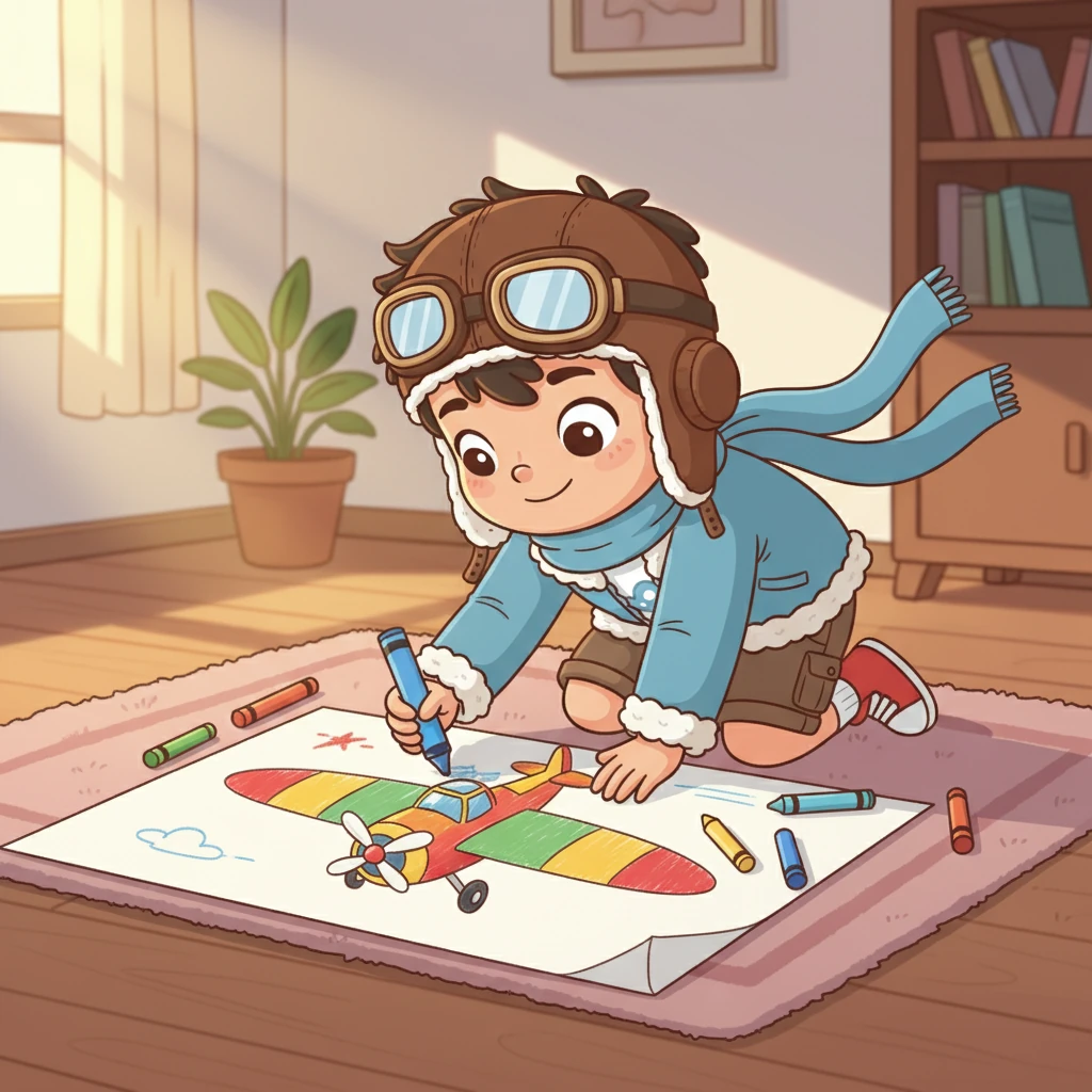 Kembali ke rumah, Langit menggambar pesawat impiannya sendiri. Sebuah mesin terbang berwarna-warni dengan sayap lebar seperti burung dan baling-baling kecil, siap membawanya menjelajah dunia imajinasinya.