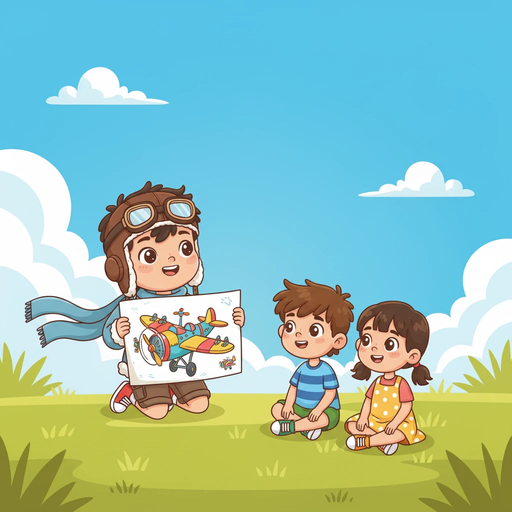 Langit, dengan senyum cerah dan mata penuh harapan, menunjukkan gambarnya kepada teman-temannya. Ia tahu suatu hari nanti, ia akan bisa terbang, entah dengan pesawat sungguhan yang ia rancang atau melalui petualangan luar biasa dalam imajinasinya.