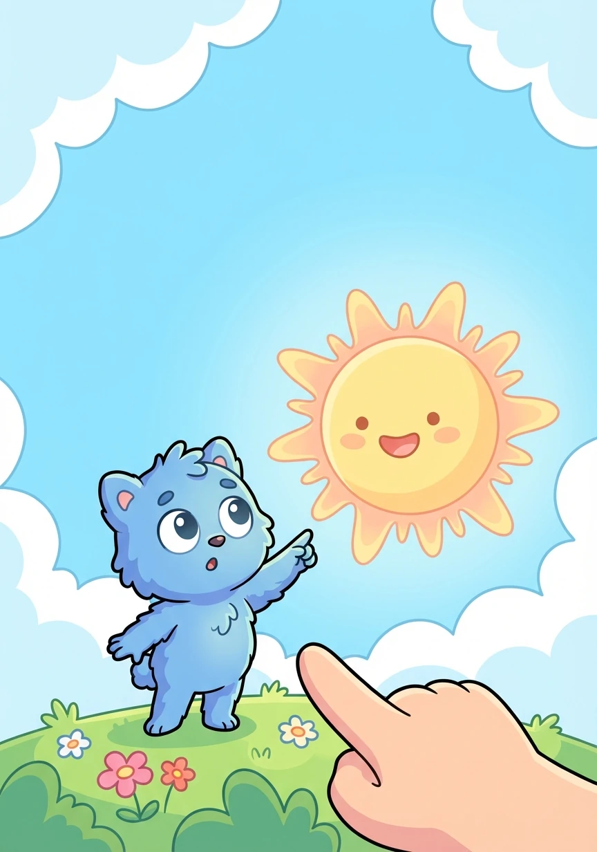 Навън вижда слънцето. „Какво е това горе в небето?“ – пита той. „Това е слънцето, което ни топли!“