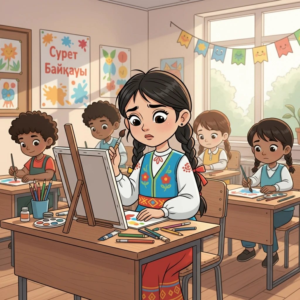 Бір күні мектепте сурет байқауы жарияланды. Гүлжан жүрегі қалай соғып кеткенін сезді. Ол сурет салуға отырды, бірақ әлі де қорқыныш сезімі басым болды.