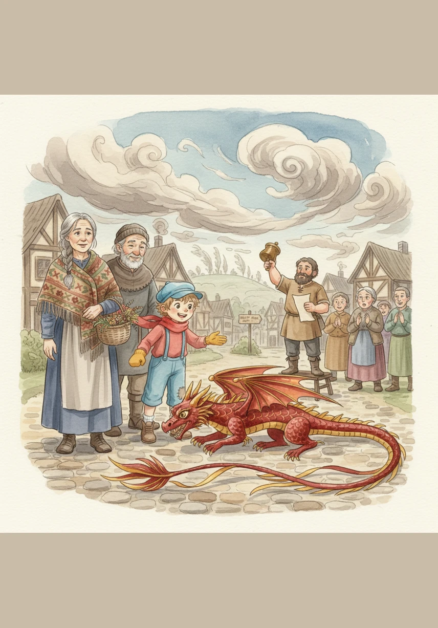 One windy afternoon, the village crier announced a grand kite-flying contest to be held at the hilltop park. Kurt was thrilled and spent all morning preparing his magnificent, long-tailed dragon kite, which was his most prized possession. He painted the scales bright red and gold, making sure it looked ready to touch the clouds.