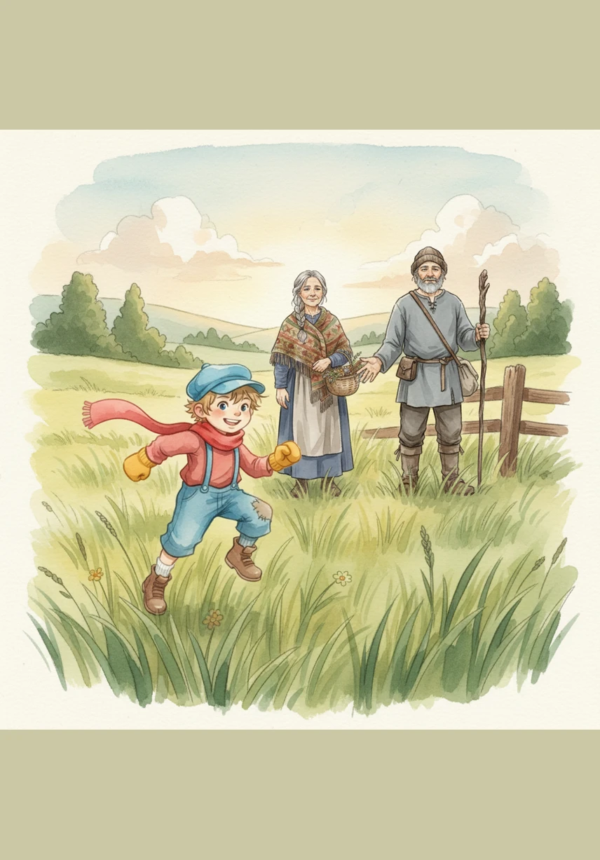 As he raced toward the hill with his kite tucked under his arm, Kurt stopped to help a neighbor pick up spilled apples. He set his dragon kite down in the tall, waving grass to free his hands for the task. By the time the apples were back in the basket, Kurt had zoomed off toward the hill with empty hands.