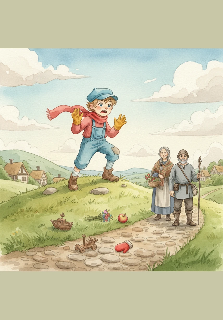 Panic set in as Kurt reached the top of the hill and realized his precious dragon kite was nowhere to be found. He felt a lump in his throat and immediately began to retrace his steps through the winding village paths. He realized then just how many things he had dropped along the way without thinking.