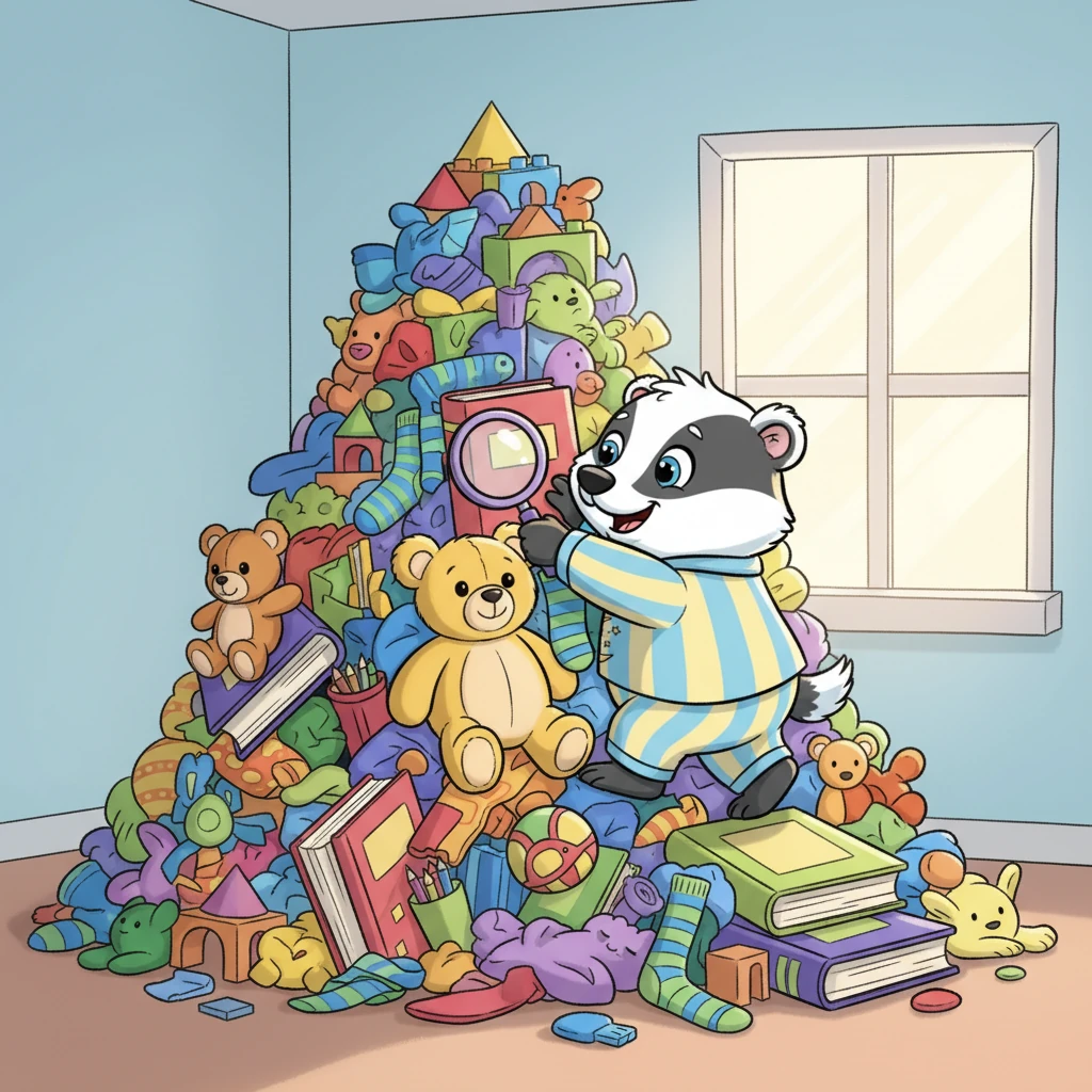 Pip, a fluffy little creature with big, curious eyes, lived in a room that looked like a rainbow exploded! Toys, socks, and books were piled high, creating mountains and valleys of delightful disarray. He loved his cozy, chaotic space, even if it sometimes made finding things a bit tricky.