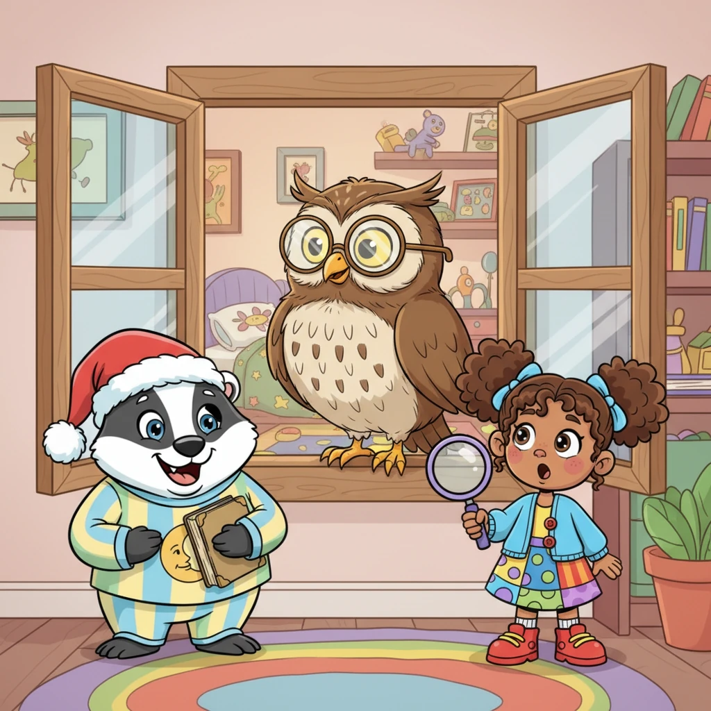 Suddenly, a gentle 'Hoo-hoo!' echoed from the open window. Perched on the sill was Professor Hoot, a wise old owl with spectacles perched on his beak and a knowing twinkle in his eye. He looked at Pip's room, then at Pip, with an amused little smile.