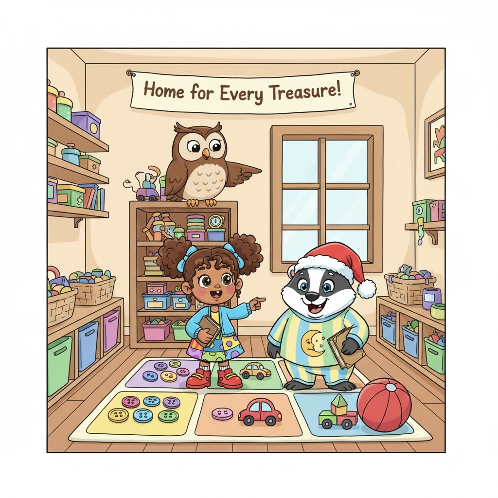 Professor Hoot suggested a super fun game called 'Home for Every Treasure!' He explained that everything, from a tiny button to a big, bouncy ball, has its own special home. Pip's eyes lit up; a game sounded much better than just searching!