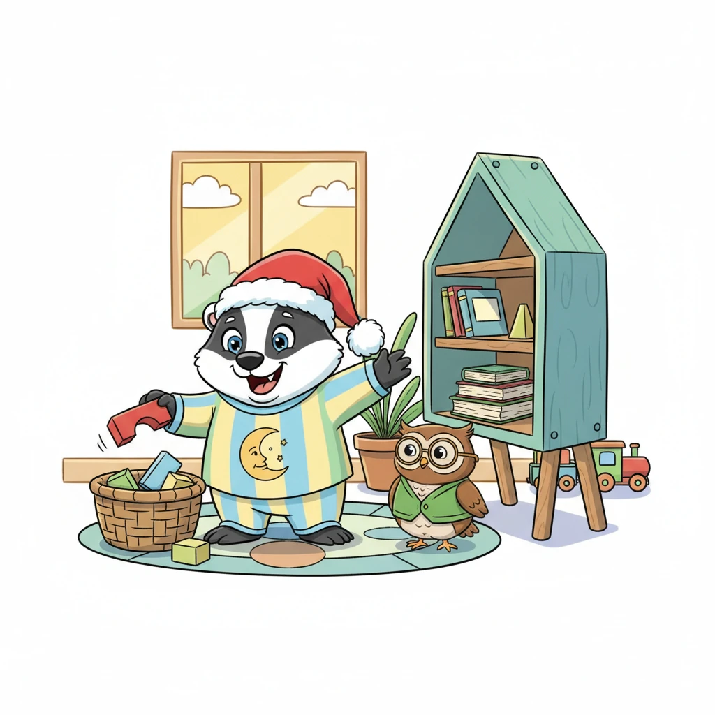 With Professor Hoot's patient guidance, Pip started the game. He giggled as he put his colorful building blocks into their designated basket and carefully stacked his picture books on the wobbly shelf. Each item found its happy place.