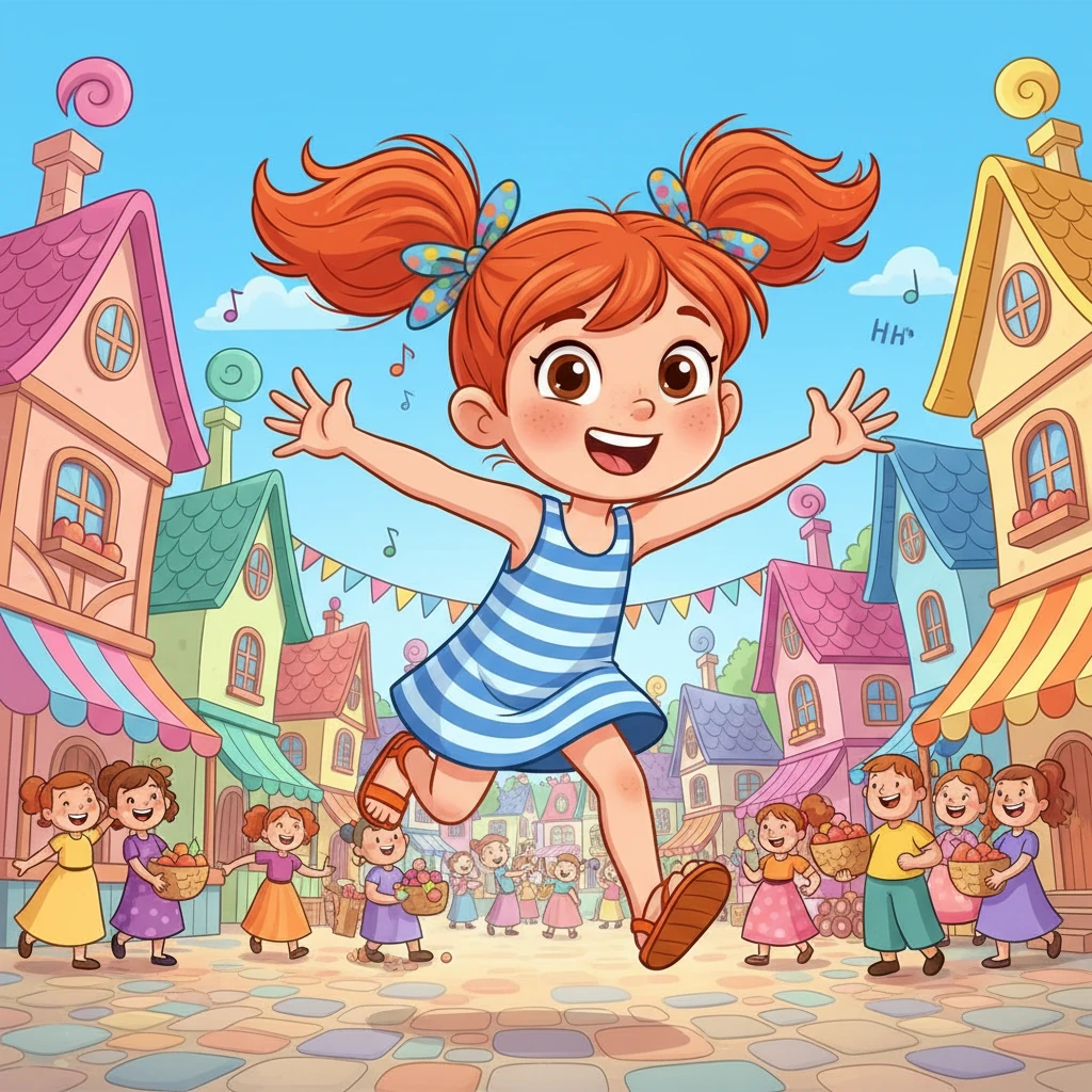 Anya's village, Sunbeam Hollow, was a kaleidoscope of bright colors and happy sounds. Little Anya, with her bouncy pigtails and a smile as wide as the sunrise, loved to explore every nook and cranny. The houses were painted in cheerful hues, and laughter echoed through the bustling market square.