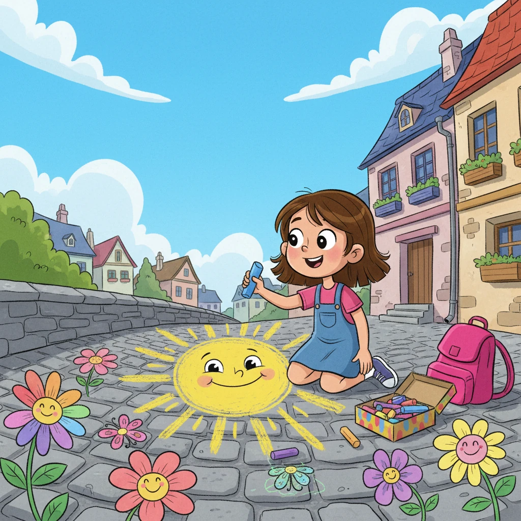 With her trusty box of colorful chalks, Anya began to draw vibrant flowers and smiling suns on the cobblestone paths. Each stroke was bold and bright, a tiny rebellion against the encroaching grayness. She hummed a happy tune as she worked.