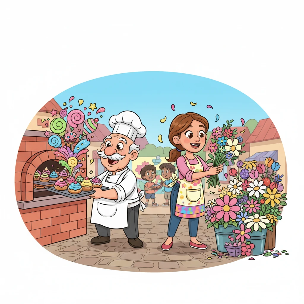 Seeing the children's joyful work, the adults felt a gentle stirring of their own spirits. Mr. Baker started baking his most delicious, colorful pastries, and Mrs. Gable began arranging her flowers with renewed passion, making bouquets burst with cheer.