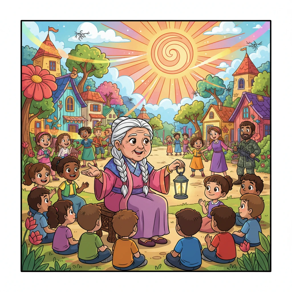 Years later, Anya, now a wise elder, would tell tales of the whispering shadows and how a little bit of hope, a lot of color, and a united community could always bring back the sunshine. Her village stood as a testament to resilience and the enduring power of joy.