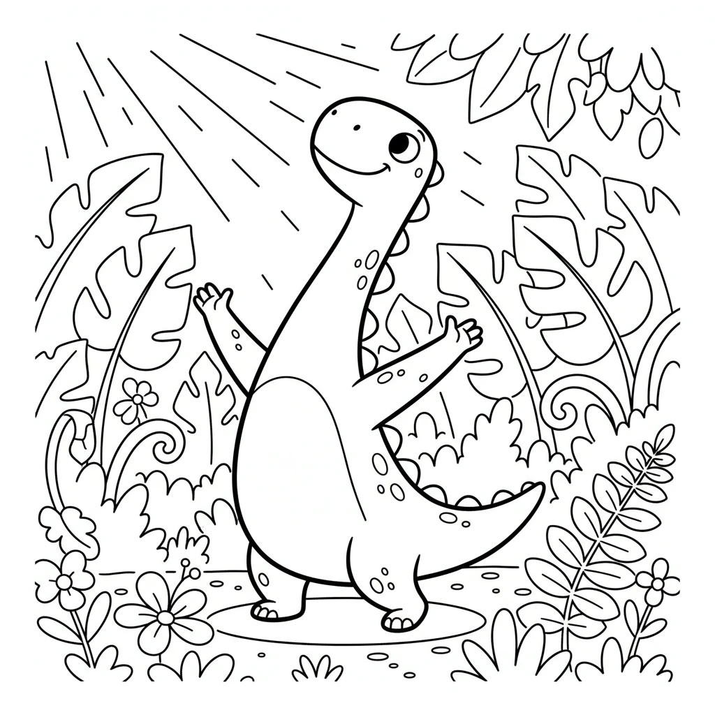 Flora, a cheerful dinosaur with a big smile, wakes up in a vibrant jungle. Sunlight peeks through the tall leaves, making patterns on her scales. She stretches her long neck, ready for a new day.
