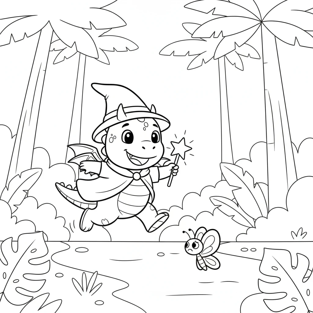 Flora skips through the jungle, excited by her new magic. She spots a little butterfly struggling to fly because one wing is droopy. The butterfly looks very sad.