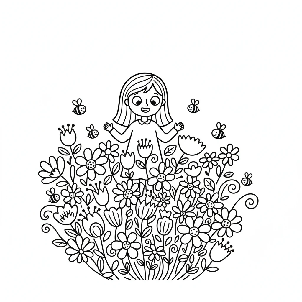 Flora closes her eyes and imagines a garden. When she opens them, the ground is covered in a burst of colorful, swirling flowers. Bees buzz happily around them.