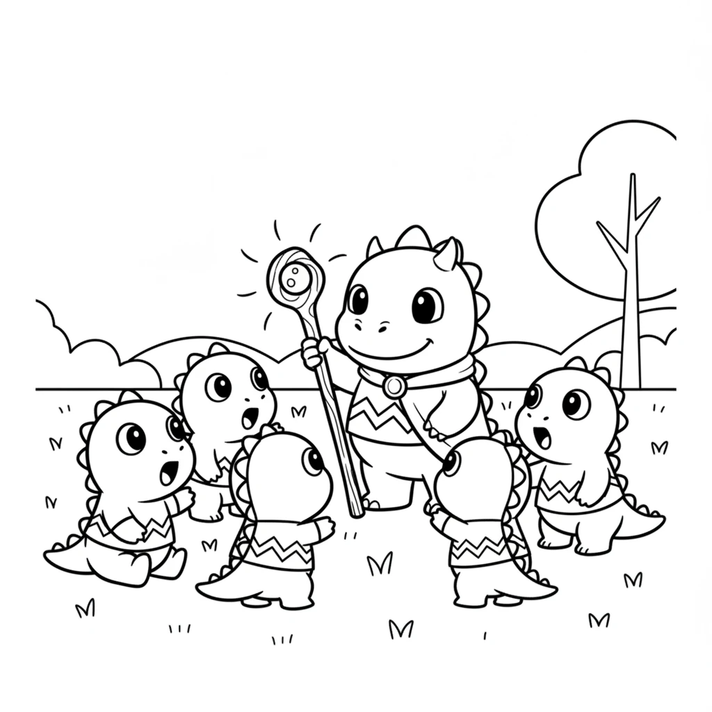 A group of little baby dinosaurs watch Flora with wide, amazed eyes. They have never seen such magic before and are delighted by the vibrant scene.