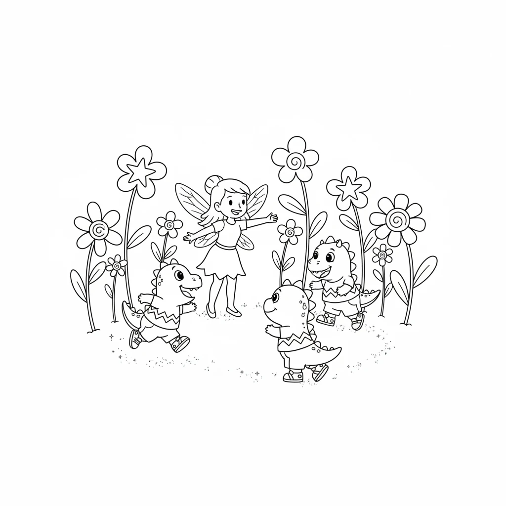 Flora invites the baby dinosaurs to play among the magical flowers. They giggle and chase each other, their tiny footprints leaving trails of glitter.