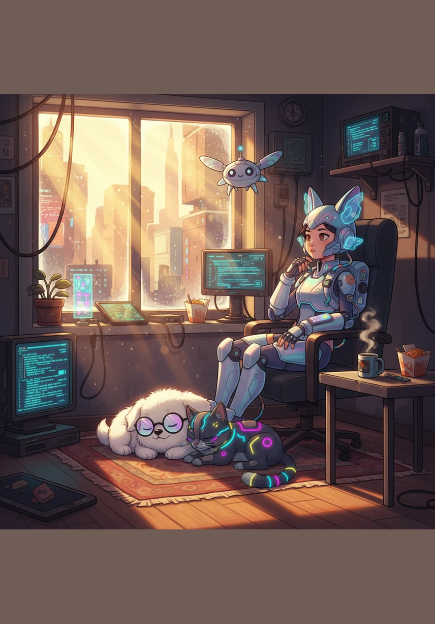 아침 햇살이 비치는 방 안, 솜사탕처럼 하얀 털을 가진 꼬마 강아지 뭉치가 바구니 속에서 기지개를 켜며 일어납니다. 뭉치의 까만 코가 킁킁거리며 새로운 하루의 냄새를 맡습니다.