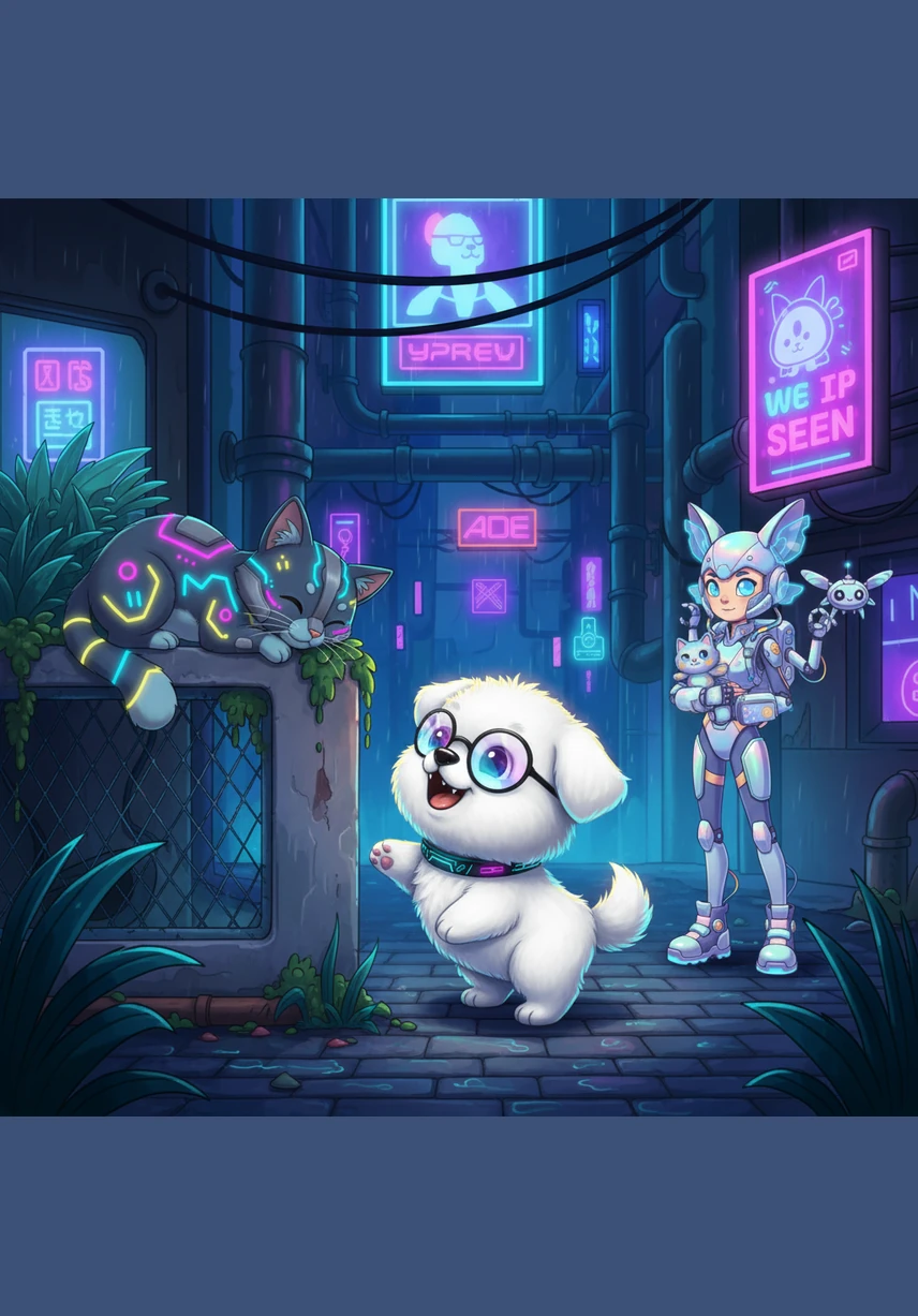 담장 너머에서 낮잠을 자던 이웃집 고양이가 뭉치를 내려다봅니다. 뭉치는 무서워하지 않고 멍멍 짖으며 반갑게 인사를 건네고, 고양이도 눈을 깜빡이며 화답합니다.