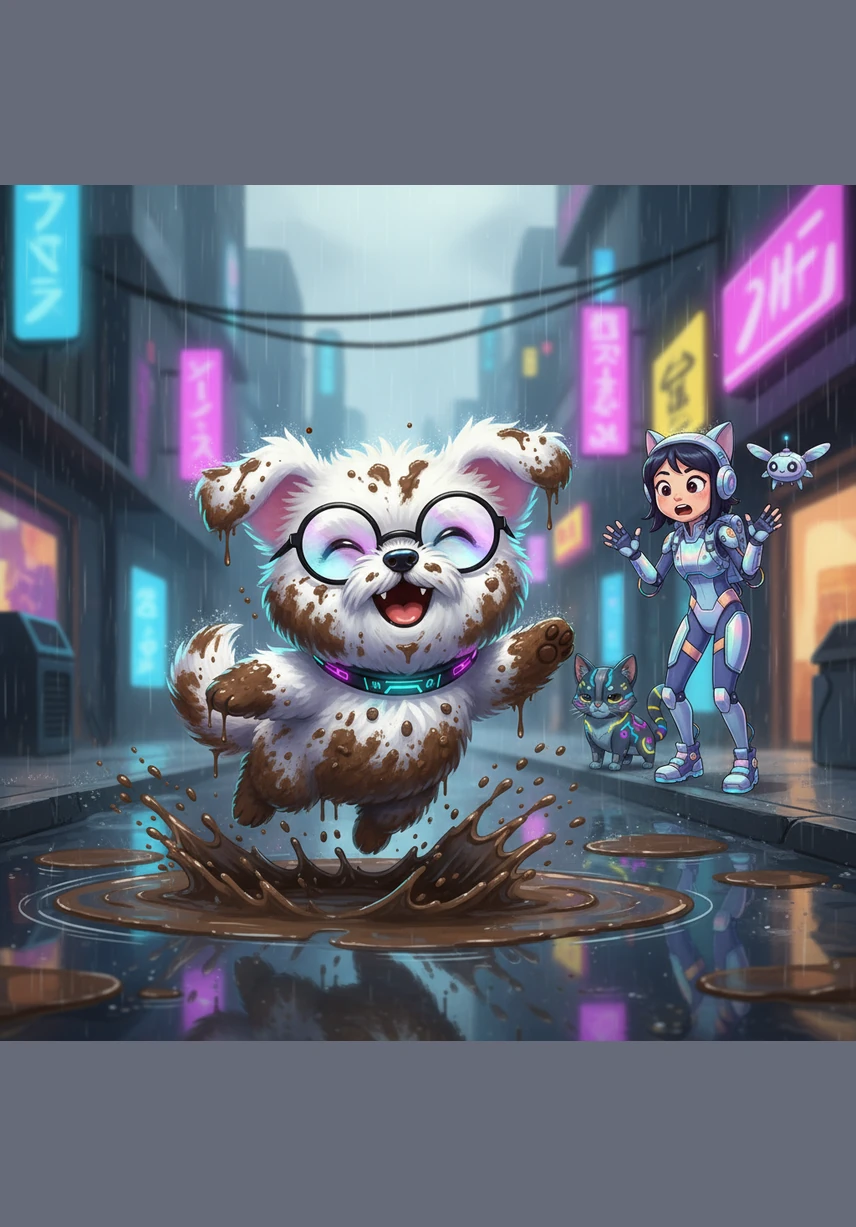 비가 그친 후 생긴 작은 물웅덩이를 발견한 뭉치가 첨벙 뛰어듭니다. 온몸에 진흙이 묻었지만, 뭉치는 기분이 좋아서 꼬리를 더 세게 흔들며 즐거워합니다.