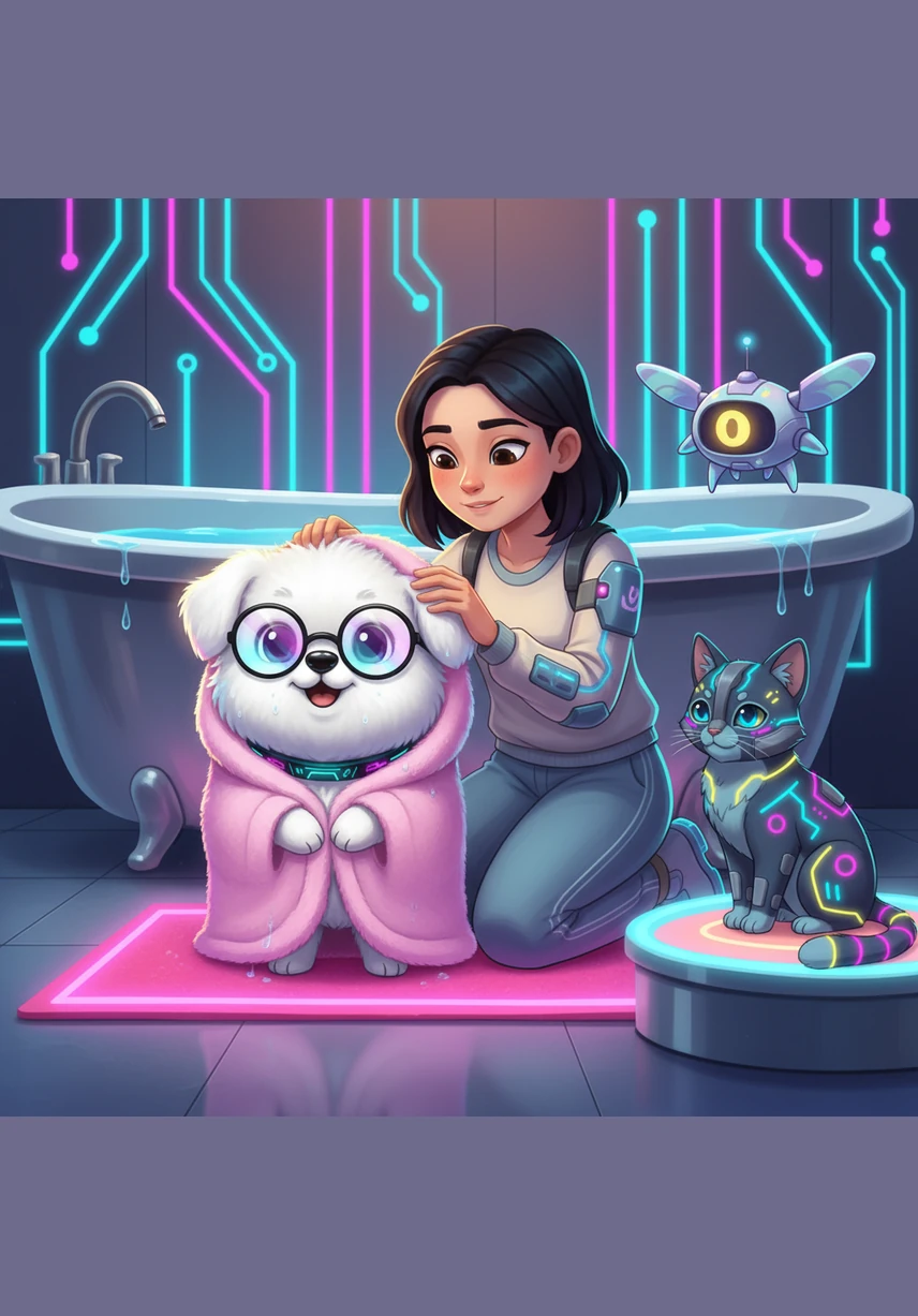 따뜻한 물로 깨끗하게 목욕을 마친 뭉치가 보들보들한 수건에 폭 파묻혀 있습니다. 뽀송뽀송해진 털에서 향기로운 냄새가 나고 뭉치의 눈꺼풀은 무거워집니다.