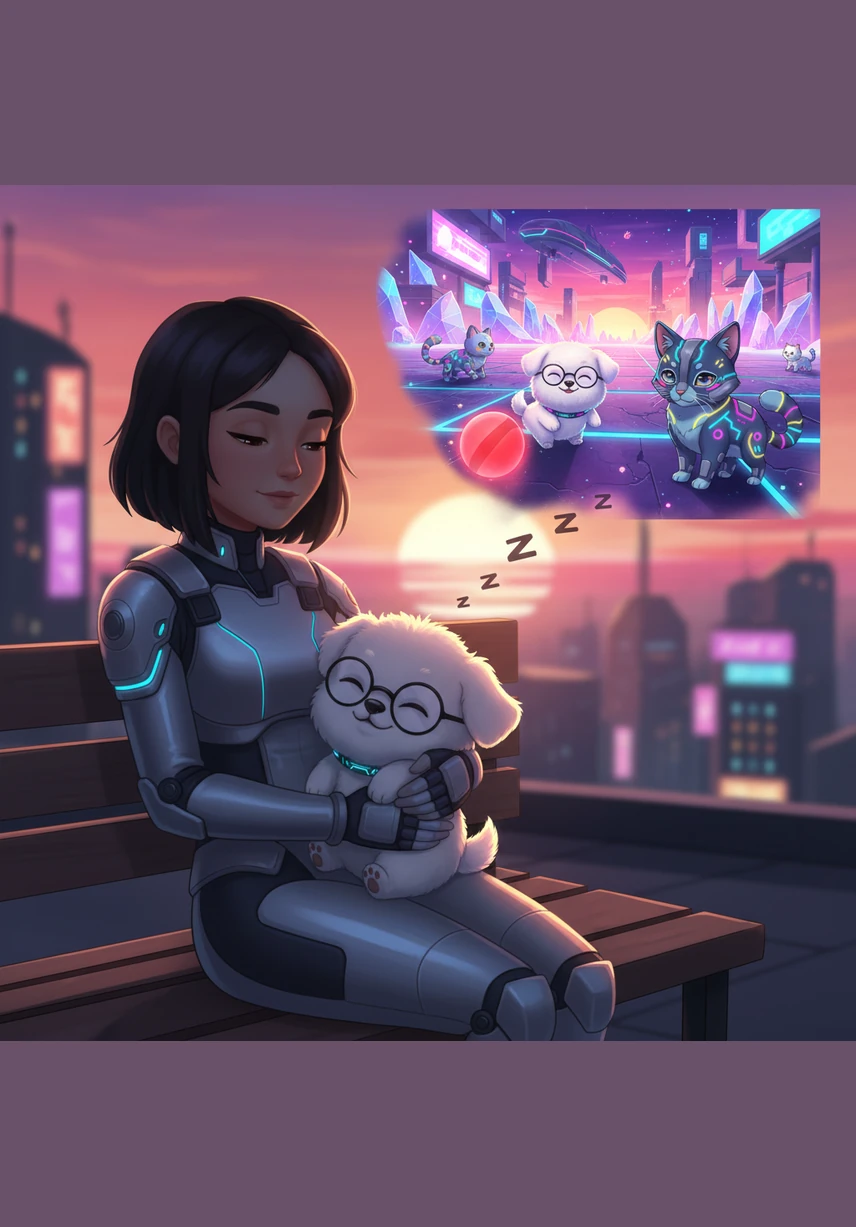 노을이 지는 저녁, 뭉치는 주인님의 품에 안겨 스르르 잠이 듭니다. 꿈속에서도 뭉치는 빨간 공을 가지고 친구들과 함께 신나게 뛰어놀고 있을 것입니다.