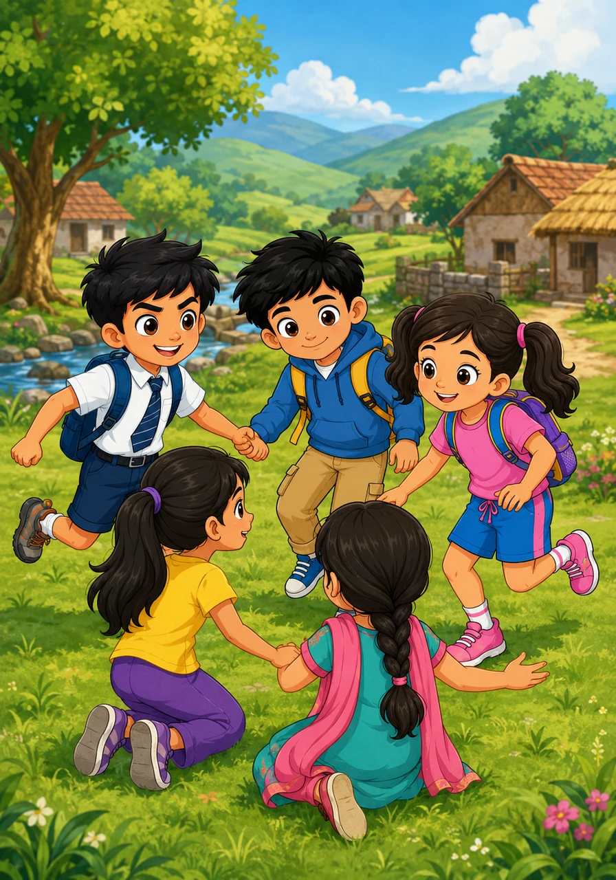 एका सुंदर आणि हिरव्यागार गावात पाच खास मित्र राहत होते—रुद्र, ओम, निधी, लावण्या आणि भूमी. रुद्र धाडसी होता, ओम हुशार होता, निधी काळजी घेणारी होती, लावण्या नेहमी आनंदी असायची आणि भूमी सगळ्यांना एकत्र ठेवायची. त्यांची मैत्री खूप घट्ट होती आणि ते नेहमी एकत्र खेळायचे.