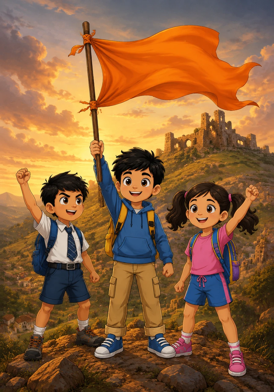 शाळा सुटल्यानंतर सर्व मित्र गावामागील जुन्या टेकडीवर गेले जेथे पूर्वी मावळे राहायचे. भूमीने आपल्या बॅगेतून काढलेला सुंदर भगवा झेंडा ओमने एका लांब काठीला बांधला. तो झेंडा वाऱ्यात फडकताच सर्वांनी 'जय भवानी, जय शिवाजी' अशी गर्जना करत गावाच्या रक्षणाची शपथ घेतली.