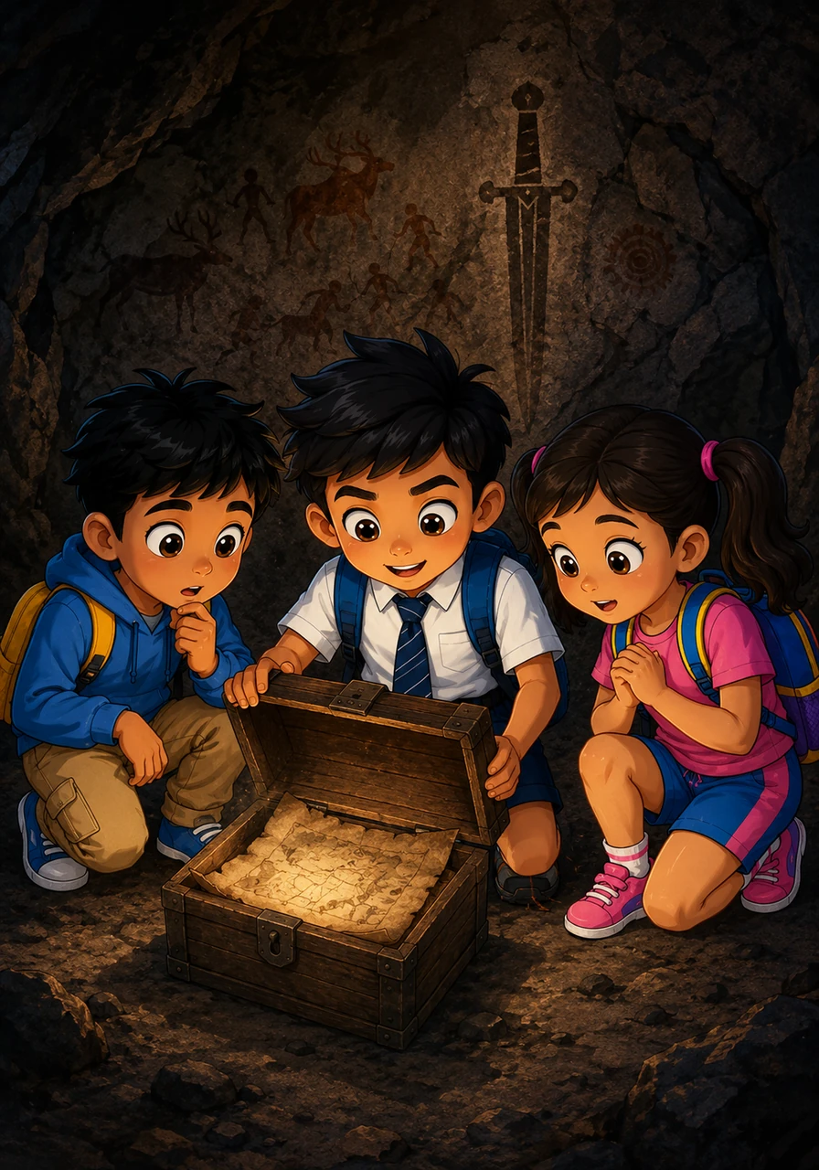 पाऊस कमी झाल्यावर ओमला एका दगडाच्या मागे जुनी गुहा दिसली आणि सर्वजण आत गेले. गुहेच्या भिंतींवर जुनी चित्रे आणि तलवारीचे चिन्ह होते. तिथे एका कोपऱ्यात निधीला एक छोटी लाकडी पेटी सापडली, जी ओमने उघडली असता त्यात एक जुना रहस्यमय नकाशा मिळाला.
