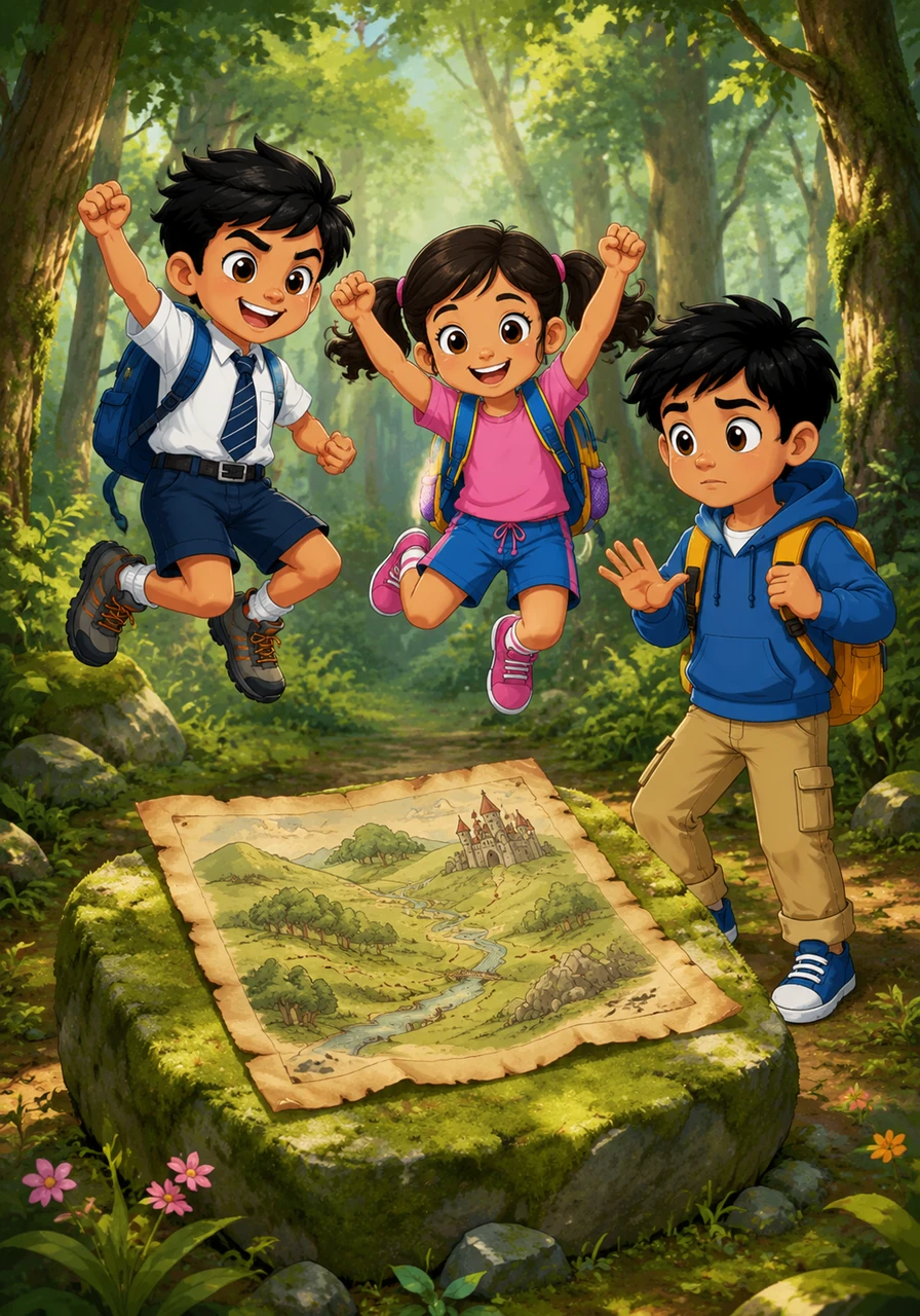 त्या जुन्या नकाशावर टेकड्या, झाडे आणि एका किल्ल्याचे चित्र काढलेले होते. त्यावर लिहिले होते की केवळ धैर्यवान आणि प्रामाणिक मुलांनाच हा खजिना मिळेल. लावण्या आणि रुद्र उत्साहाने उड्या मारू लागले, तर भूमीने सर्वांना सुरक्षित राहून प्रवास करण्याचे सुचवले.