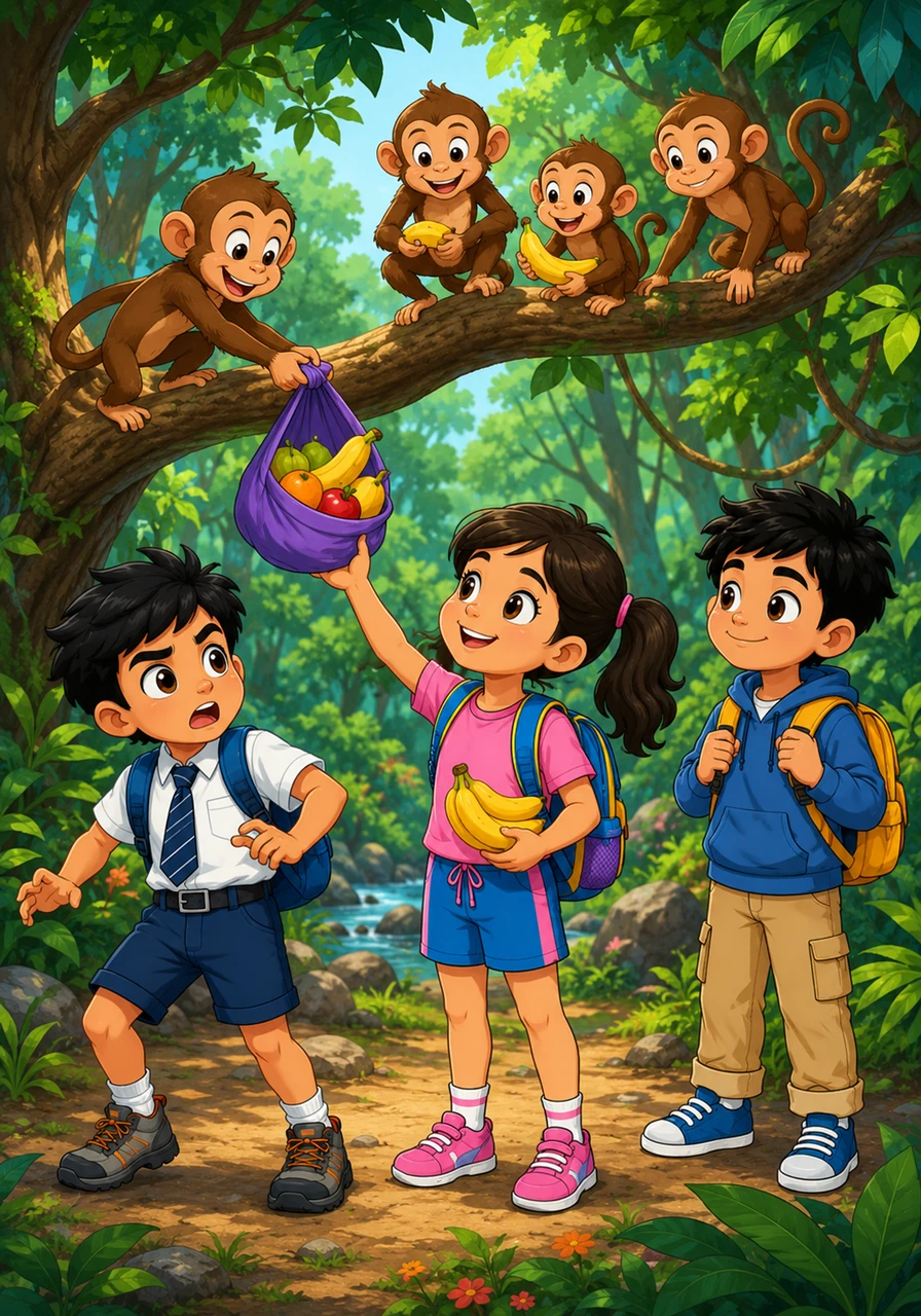 पुढे जात असताना झाडावरील काही खोडकर माकडांनी लावण्याची फळांची पिशवी पळवली. रुद्र त्यांच्या मागे धावणार तितक्यात निधीने समजूतदारपणा दाखवून माकडांना केळी दिली. माकडांनी आनंदाने पिशवी परत केली, तेव्हा ओम म्हणाला की प्रेमाने सर्व प्रश्न सुटू शकतात.