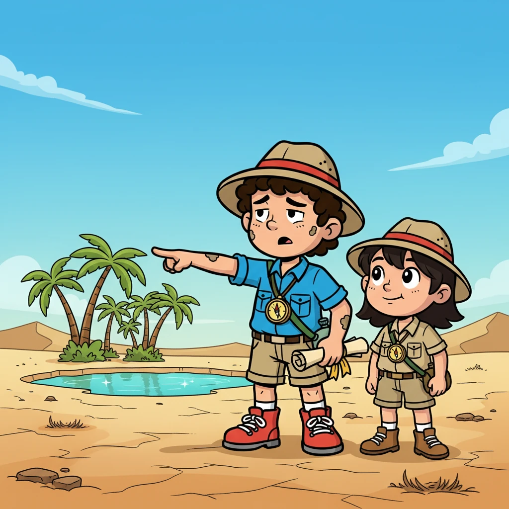 Roger, his eyes scanning the horizon, could barely take another step. He suddenly saw it: a shimmering oasis in the distance. He pointed, his voice raspy with dehydration, and Robin's eyes widened with a glimmer of hope.