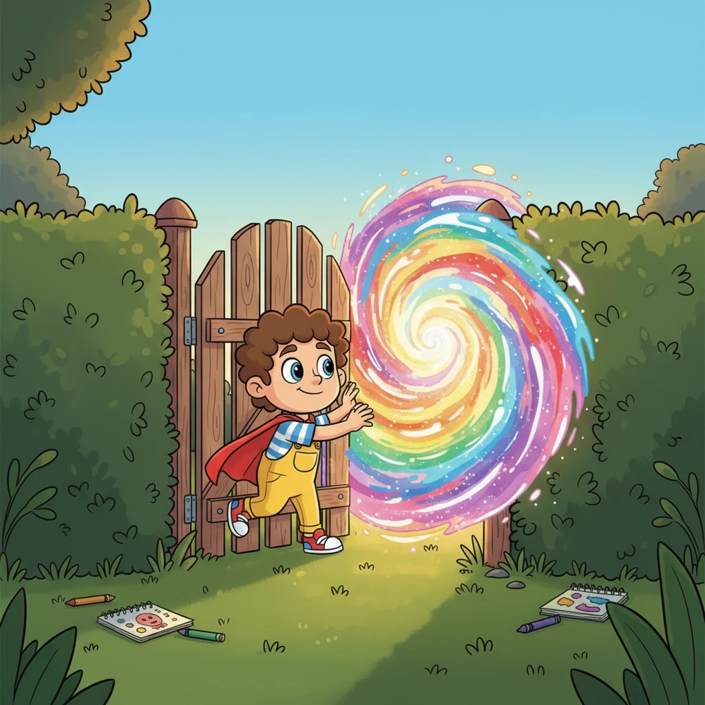 One sunny afternoon, while doodling in his backyard, Leo noticed a shimmer in the air by an old garden gate he'd never really looked at before. It wasn't just any shimmer; it pulsed with all the colors of his wildest drawings. With a brave little gulp, he pushed the gate open, stepping into a world that sparkled with magic.