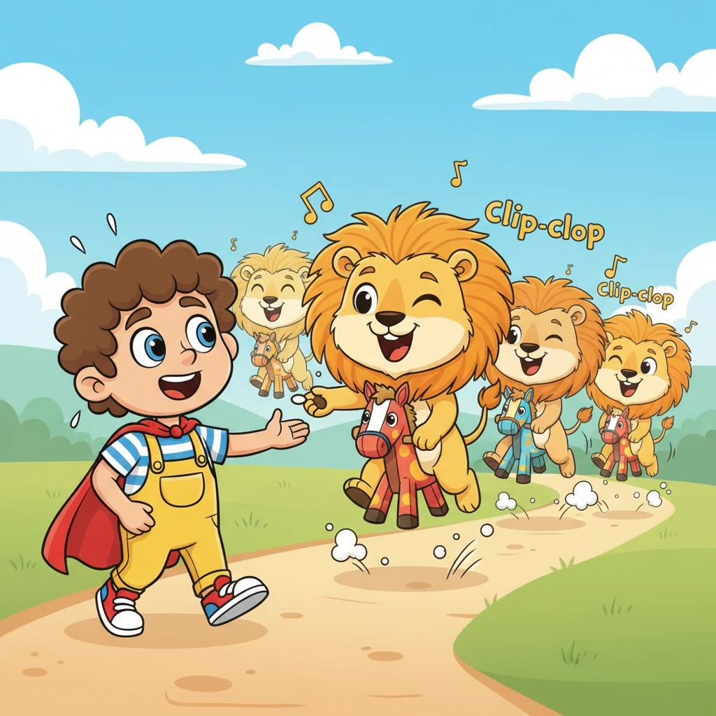 Further along a winding path, Leo spotted something truly astonishing: a group of fluffy, friendly lions, not roaring, but giggling as they galloped on simple wooden hobby horses. One particularly shaggy lion winked at Leo, inviting him to join their playful parade. The air was filled with happy roars and clip-clop sounds.