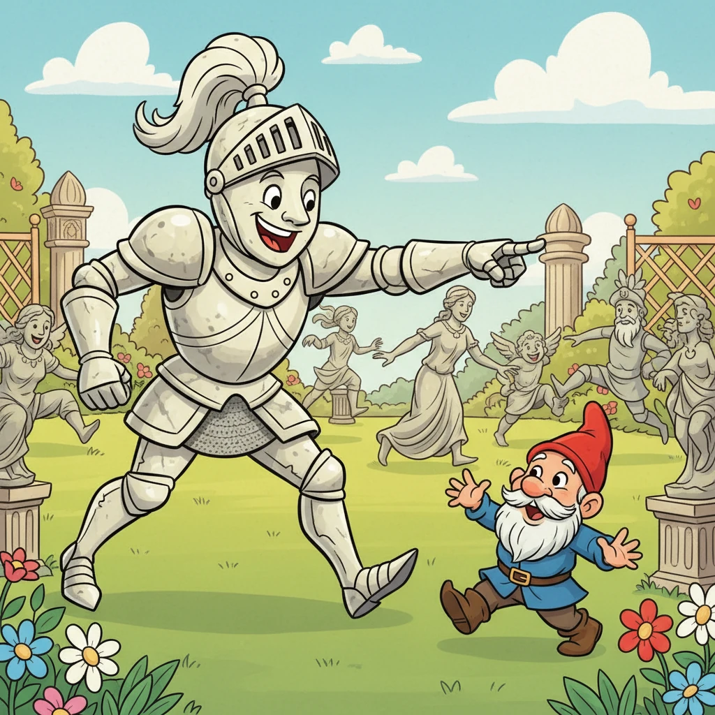 Suddenly, a majestic marble statue of a knight started to move, its arm playfully reaching out. "You're IT!" it boomed with a chuckle, tagging a nearby garden gnome statue. Soon, several other statues joined in, chasing each other in a joyful game of tag, their stone faces beaming with delight.