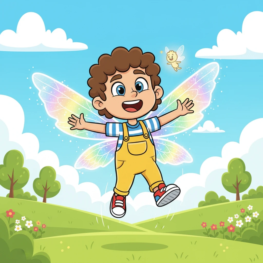 "I wish I could fly!" Leo exclaimed, watching a tiny sprite flit by. Instantly, two shimmering, rainbow-colored wings sprouted from his back, light as air and ready to soar. With a delighted squeal, he flapped them gently, feeling the exciting lift of the magical breeze.