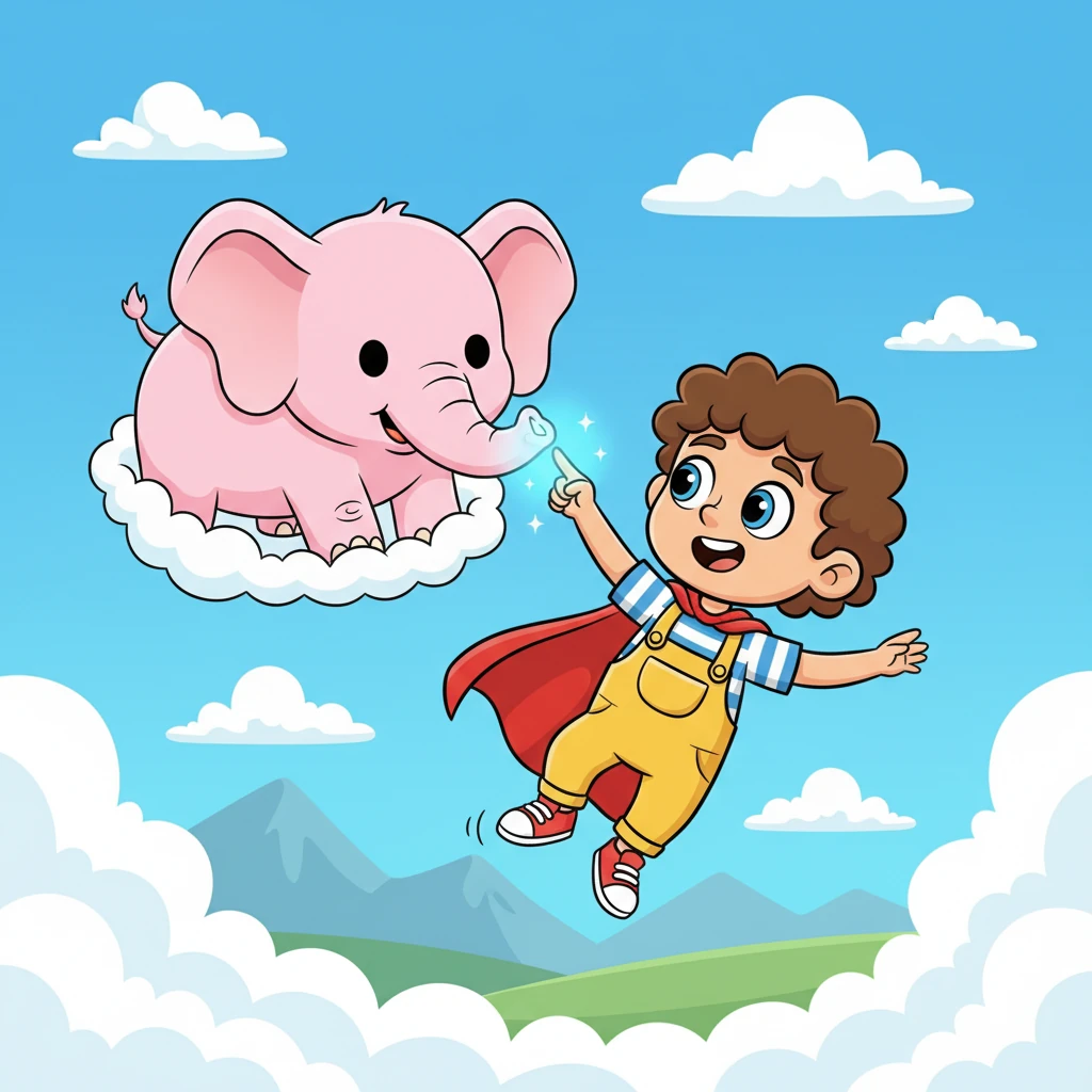 As he floated above the ground, Leo felt a tingle in his fingertips. He pointed at a cloud, and with a silly little wiggle, it transformed into a fluffy pink elephant. "I'm a wizard!" he gasped, realizing he could make anything appear with just a thought and a little imagination.