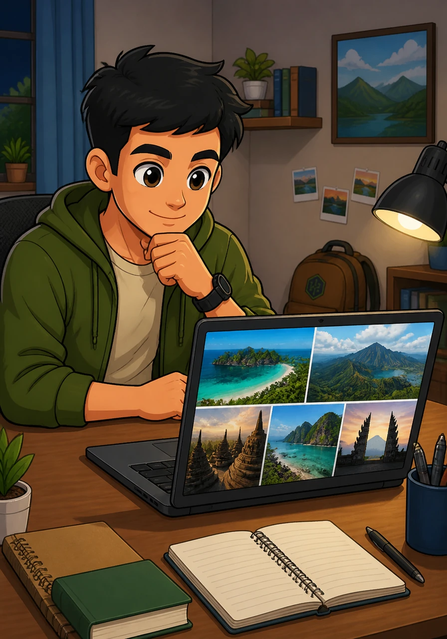 Bima duduk di depan meja belajarnya, menatap layar laptop yang menampilkan gambar-gambar destinasi wisata yang memukau di seluruh Indonesia.
