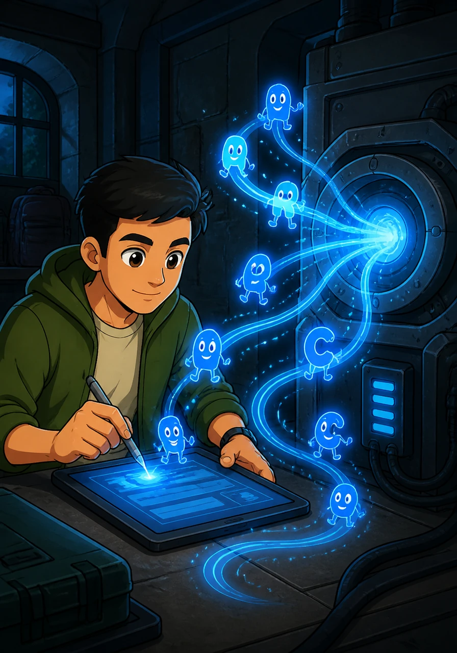 Bima mengisi data dirinya dengan hati-hati, sementara karakter-karakter huruf itu berubah menjadi aliran energi biru yang masuk ke dalam mesin.