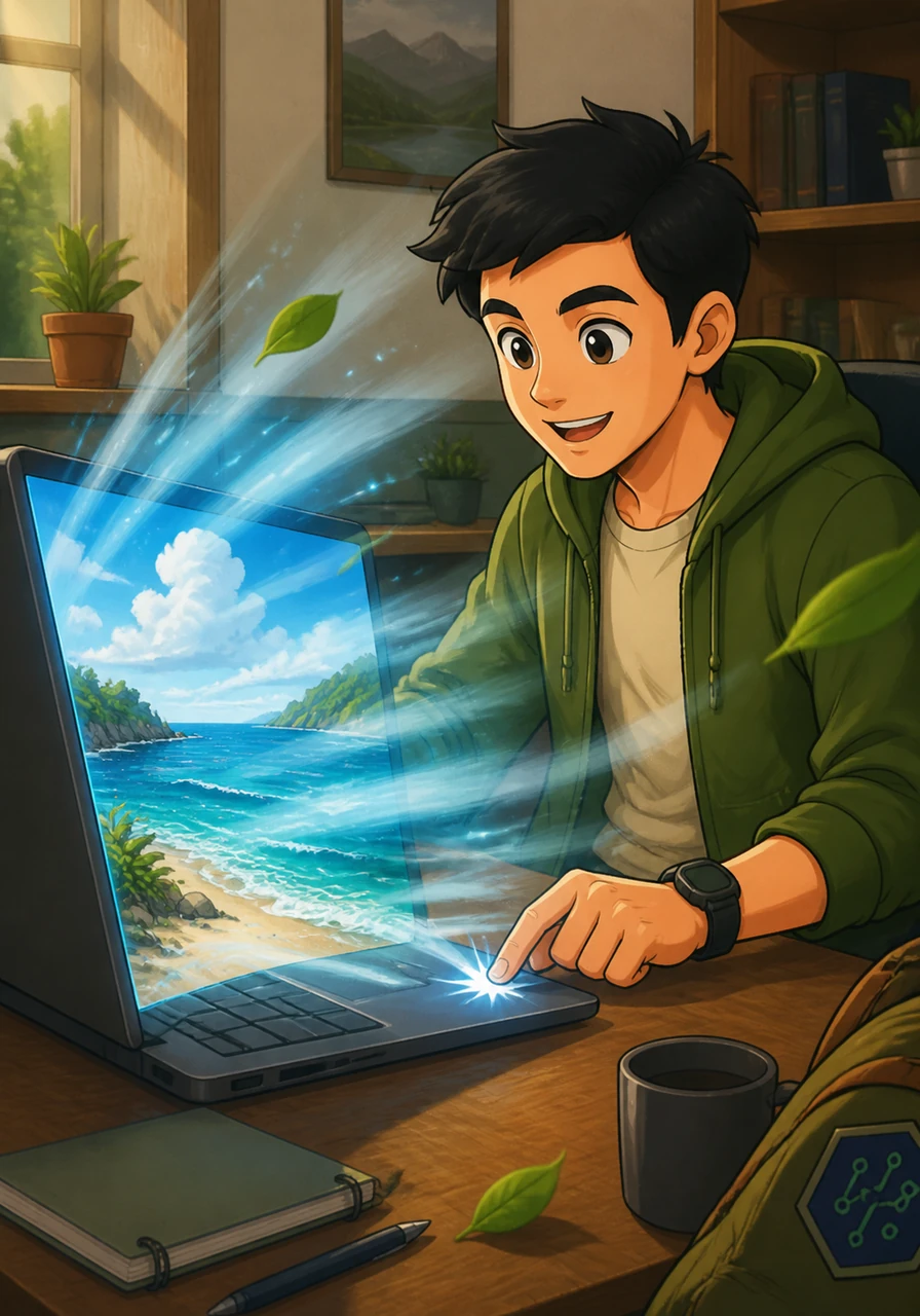 Dengan satu klik terakhir pada tombol konfirmasi, layar laptop seolah menjadi jendela nyata yang menghembuskan angin laut yang segar.